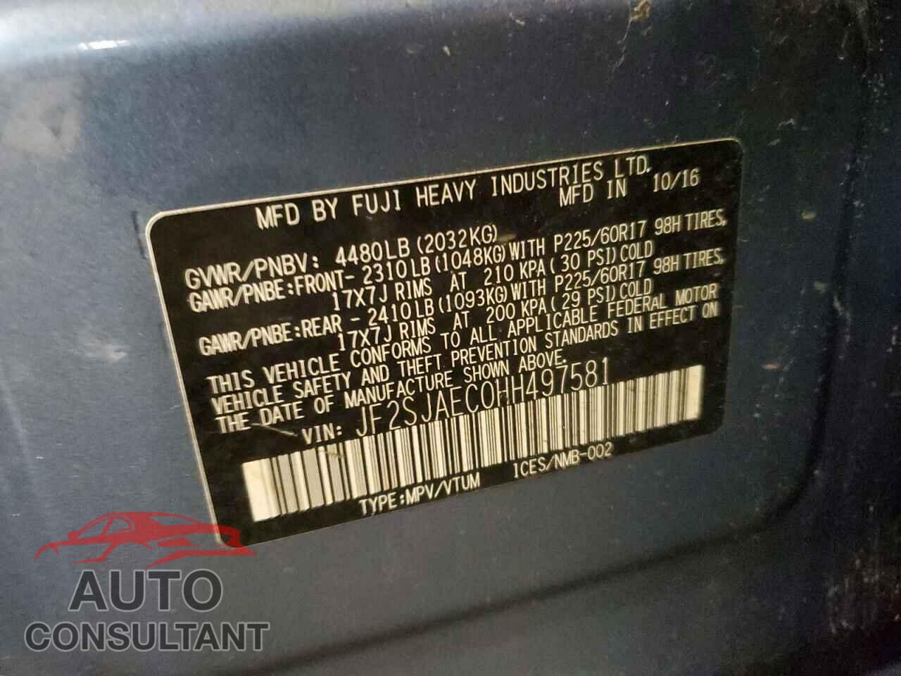 SUBARU FORESTER 2017 - JF2SJAEC0HH497581