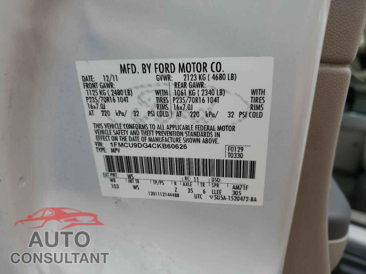 FORD ESCAPE 2012 - 1FMCU9DG4CKB60626