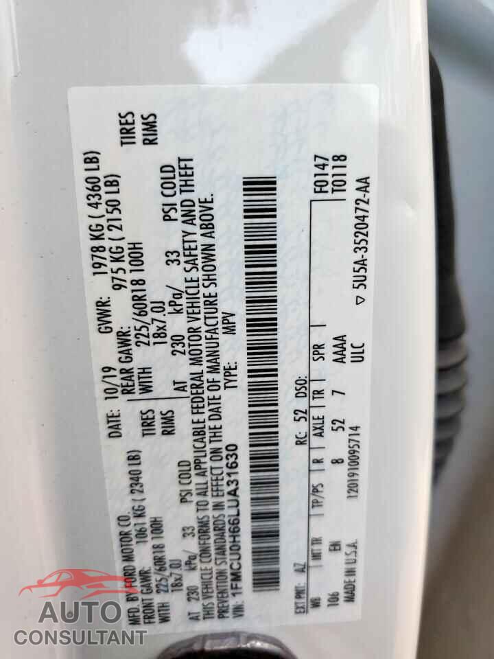 FORD ESCAPE 2020 - 1FMCU0H66LUA31630