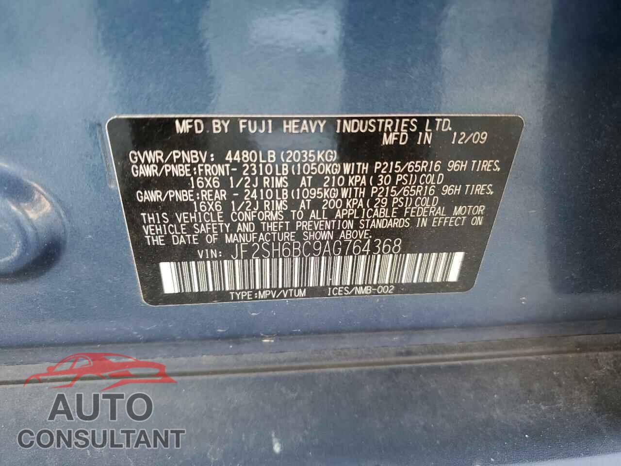 SUBARU FORESTER 2010 - JF2SH6BC9AG764368