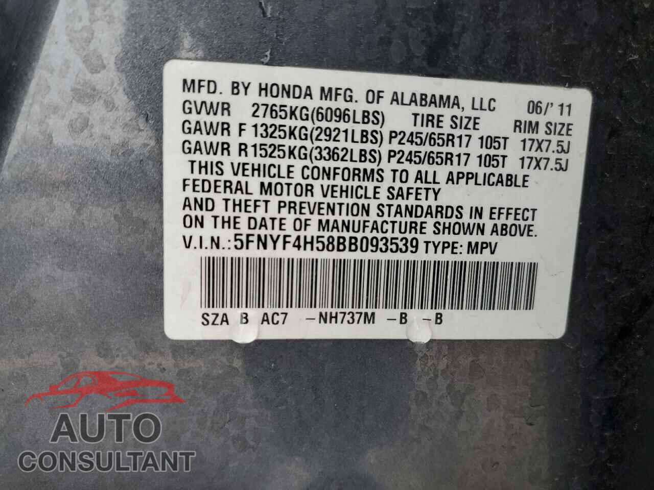 HONDA PILOT 2011 - 5FNYF4H58BB093539