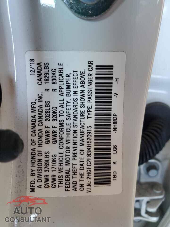 HONDA CIVIC 2019 - 2HGFC2F83KH520915