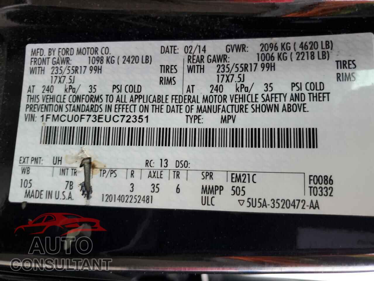FORD ESCAPE 2014 - 1FMCU0F73EUC72351