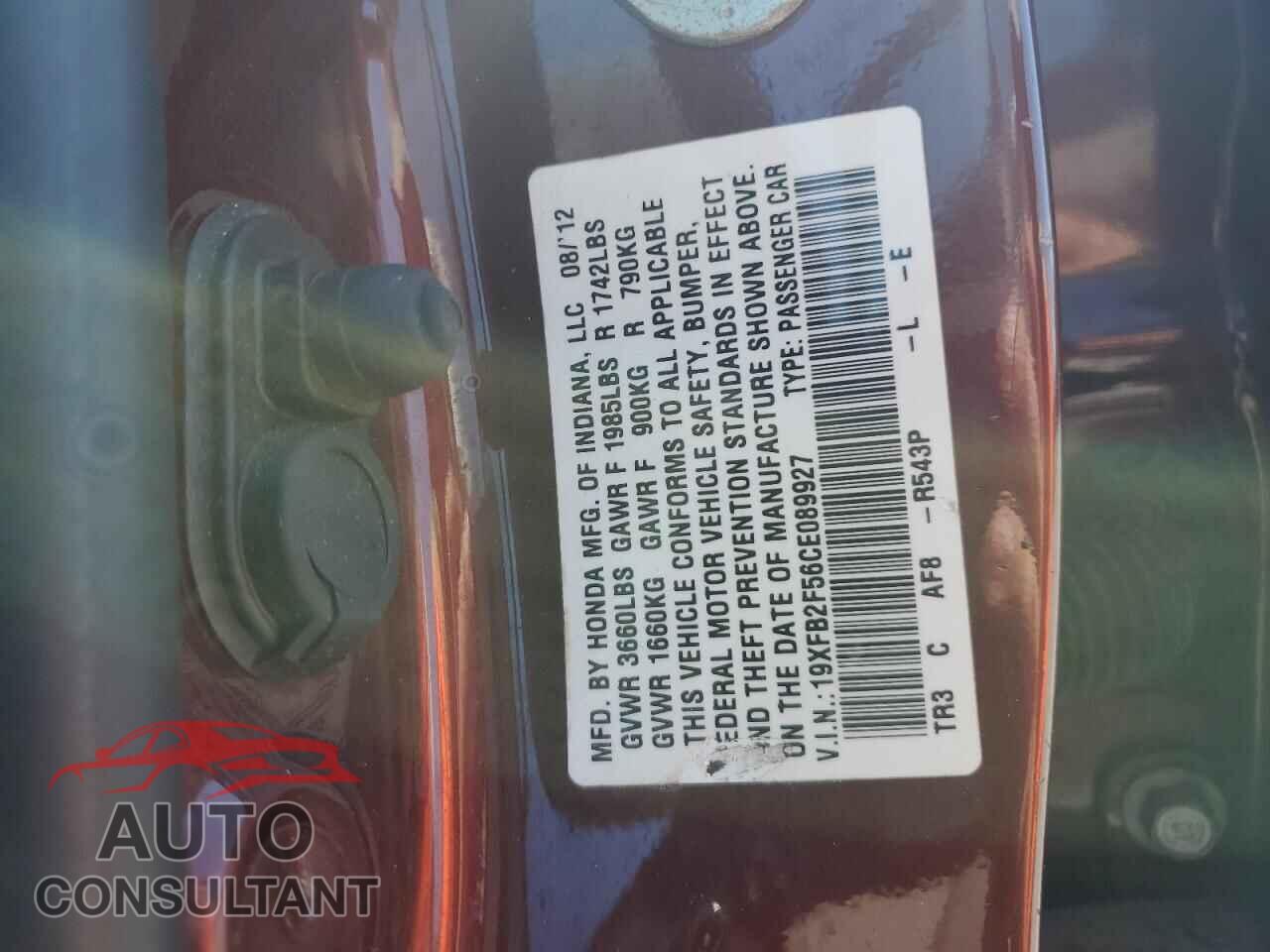 HONDA CIVIC 2012 - 19XFB2F56CE089927