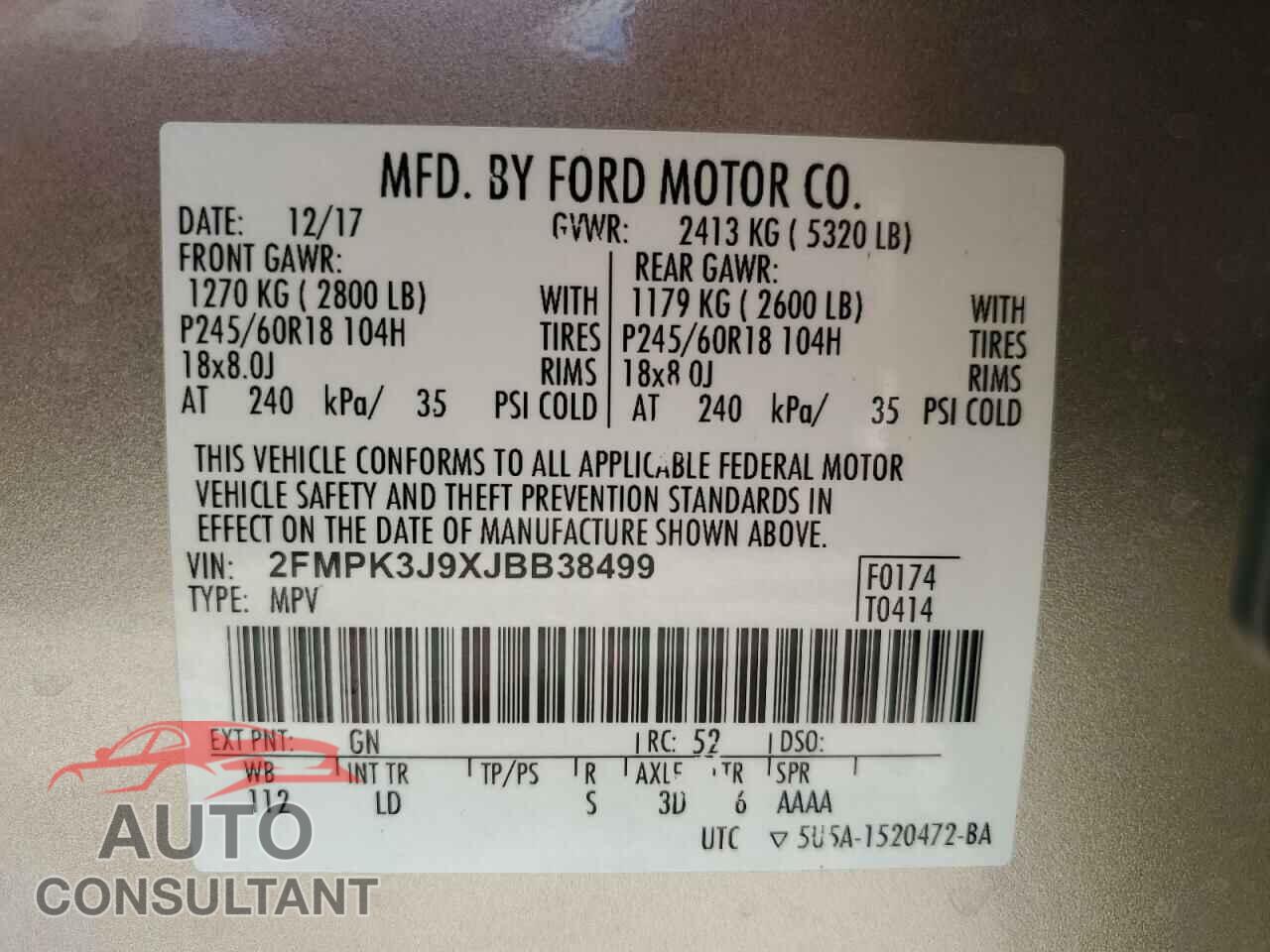 FORD EDGE 2018 - 2FMPK3J9XJBB38499