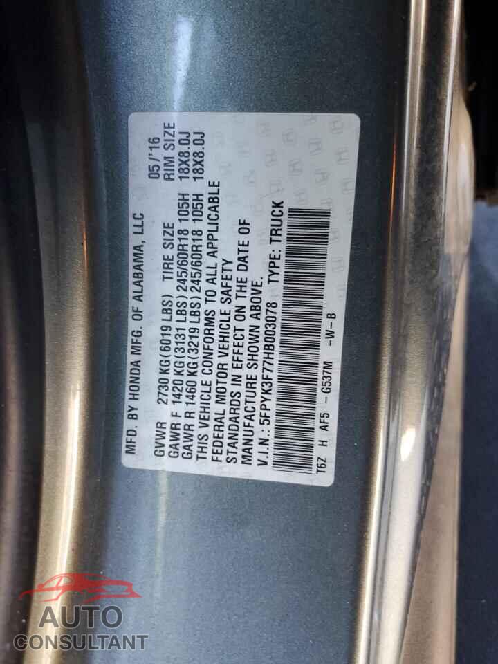 HONDA RIDGELINE 2017 - 5FPYK3F77HB003078