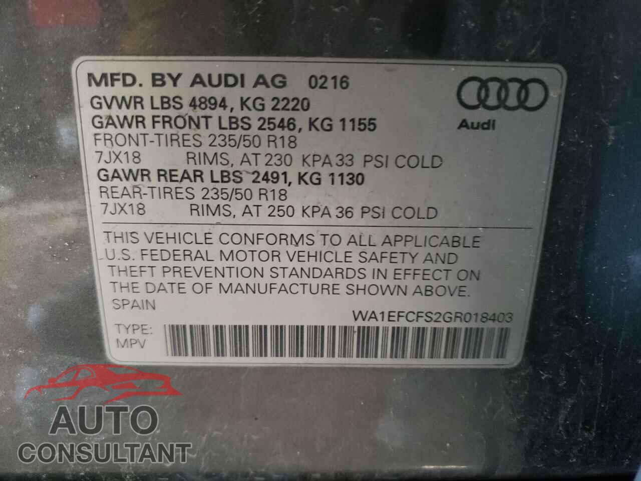 AUDI Q3 2016 - WA1EFCFS2GR018403
