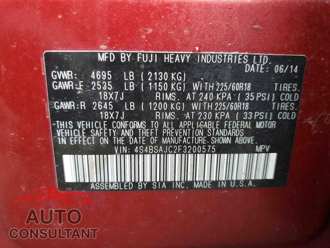 SUBARU OUTBACK 2015 - 4S4BSAJC2F3200575