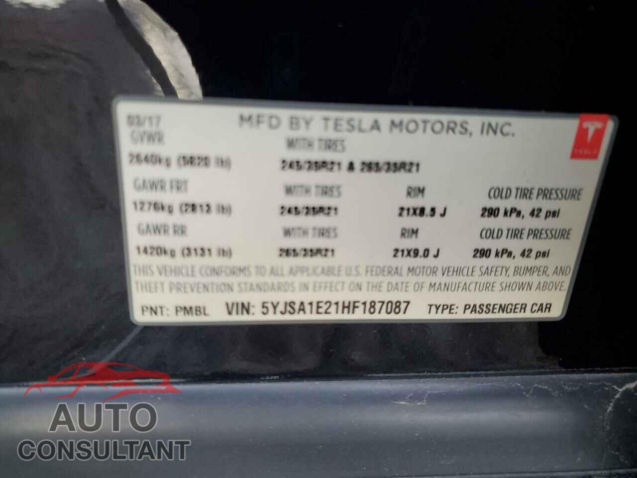 TESLA MODEL S 2017 - 5YJSA1E21HF187087