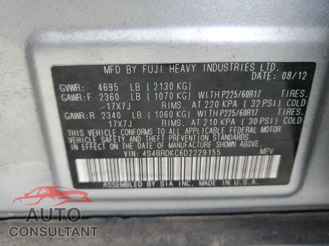 SUBARU OUTBACK 2013 - 4S4BRDKC6D2229155