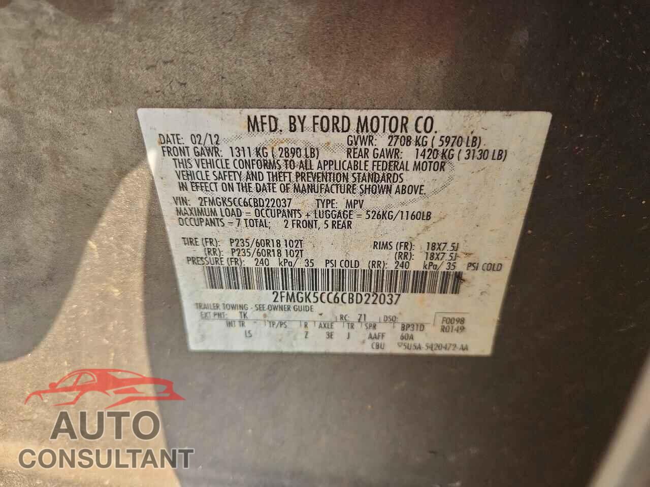 FORD FLEX 2012 - 2FMGK5CC6CBD22037