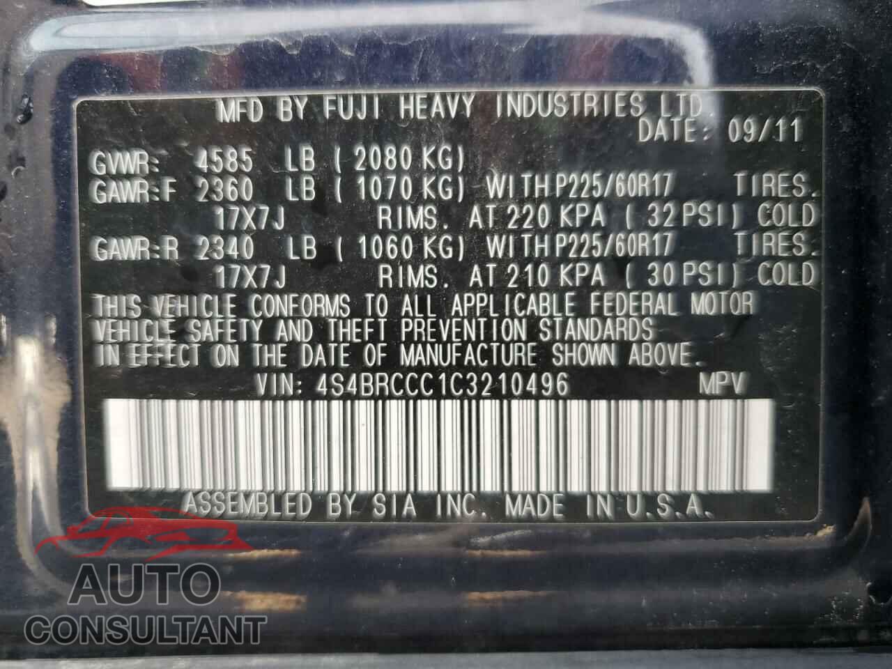 SUBARU OUTBACK 2012 - 4S4BRCCC1C3210496