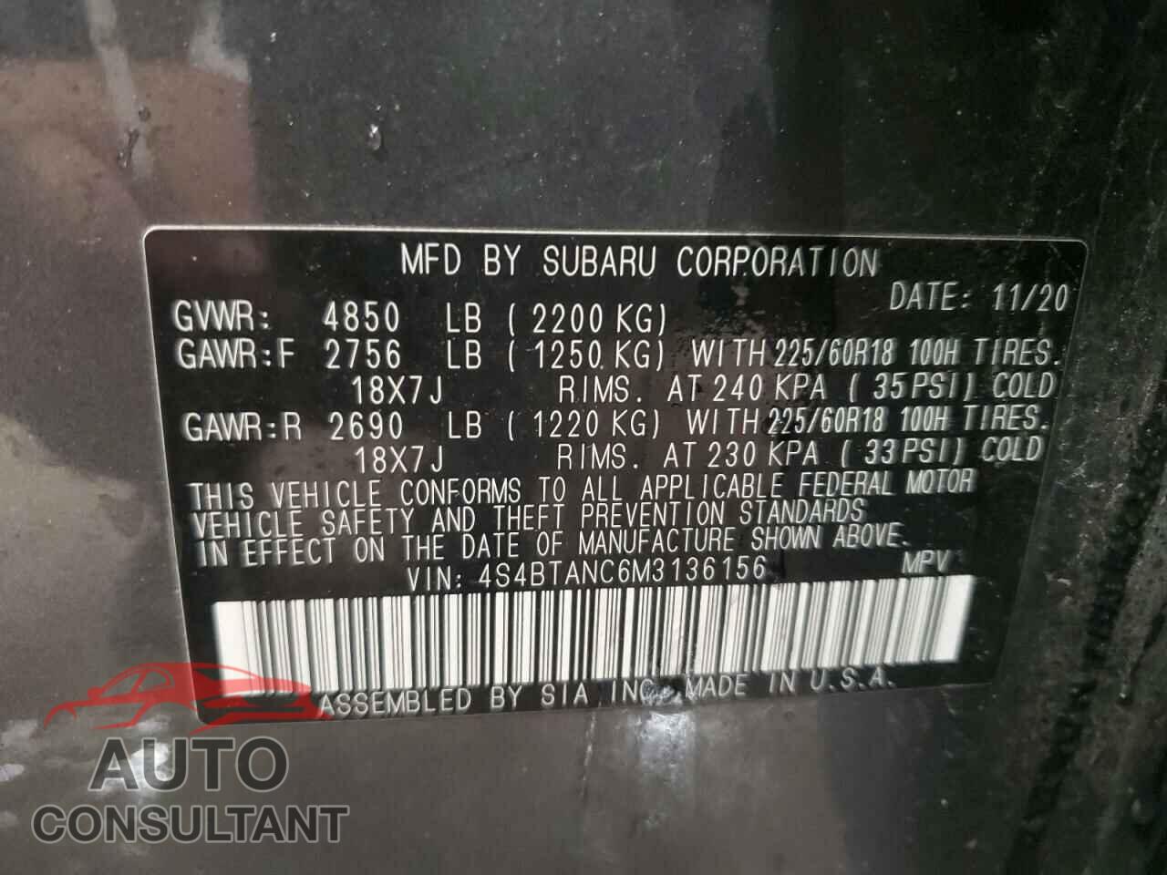 SUBARU OUTBACK 2021 - 4S4BTANC6M3136156