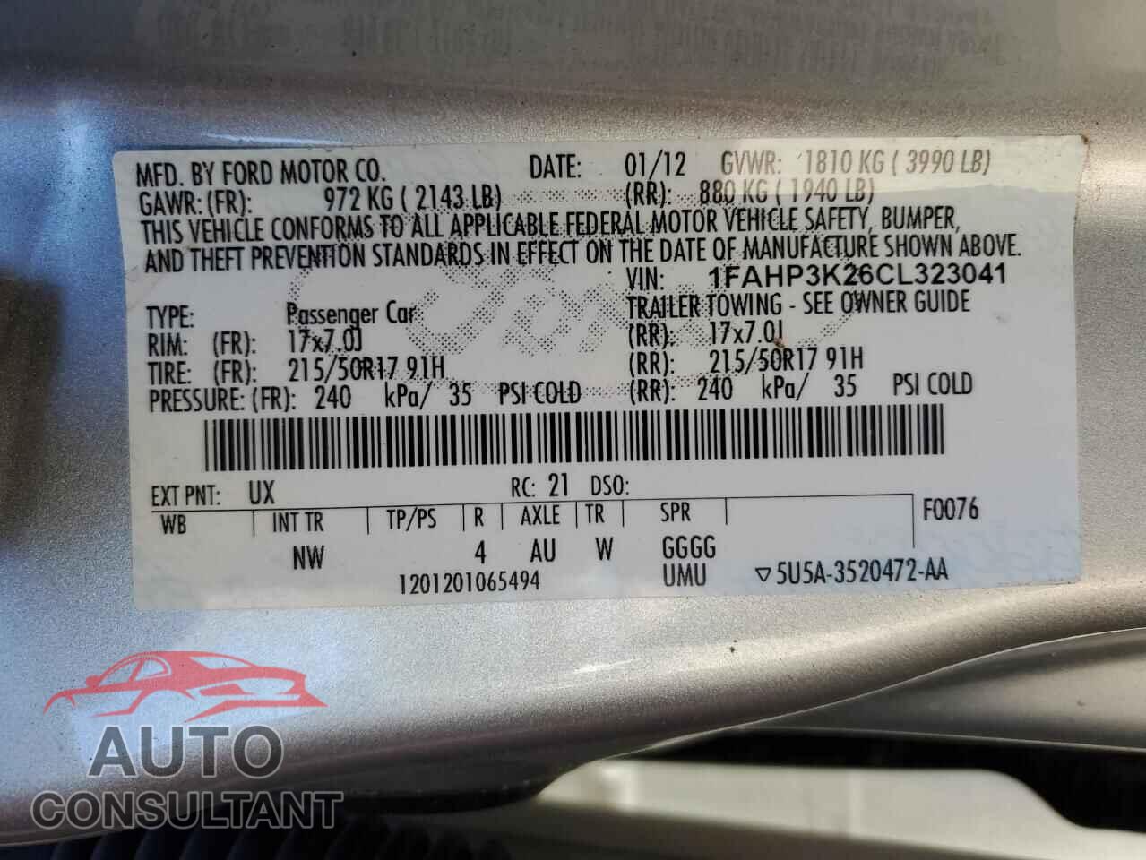 FORD FOCUS 2012 - 1FAHP3K26CL323041
