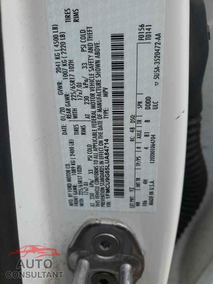 FORD ESCAPE 2020 - 1FMCU9G65LUA84714