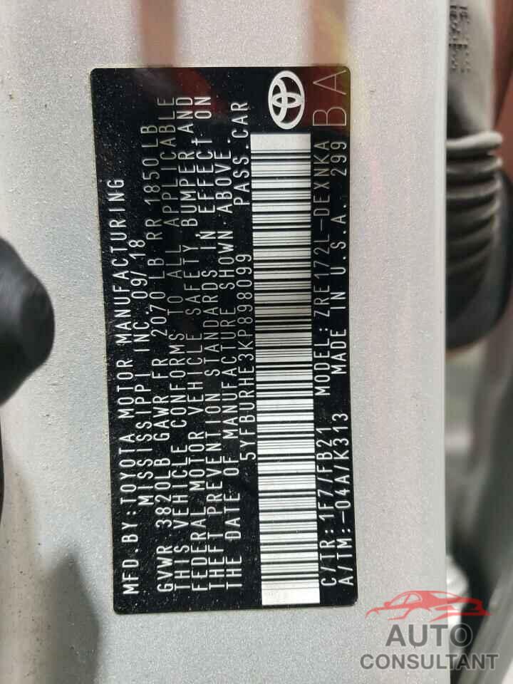 TOYOTA COROLLA 2019 - 5YFBURHE3KP898099