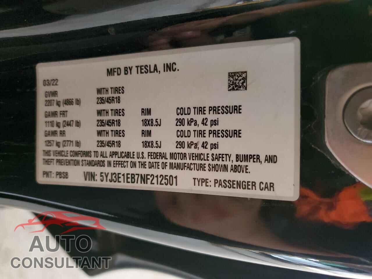TESLA MODEL 3 2022 - 5YJ3E1EB7NF212501