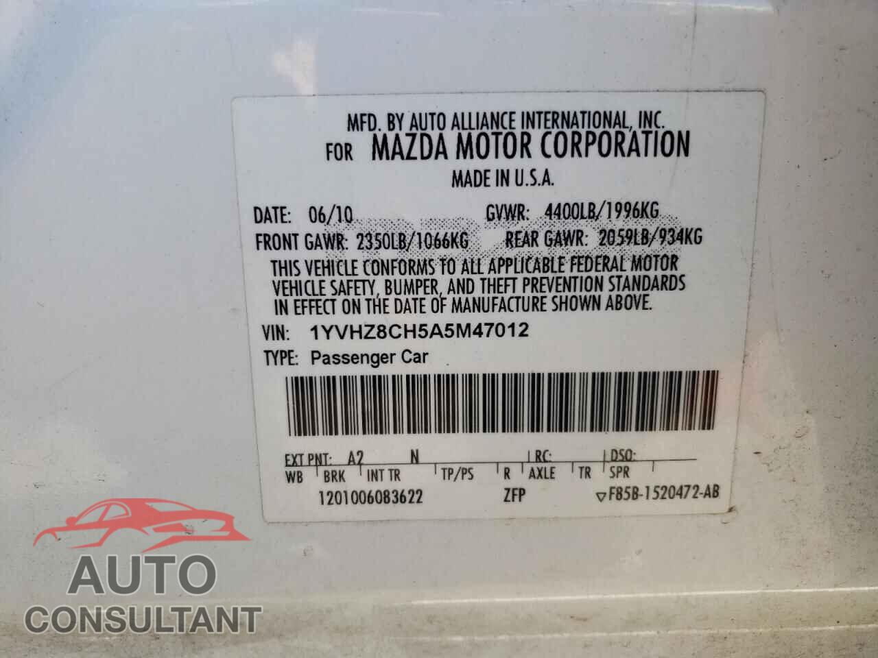 MAZDA 6 2010 - 1YVHZ8CH5A5M47012