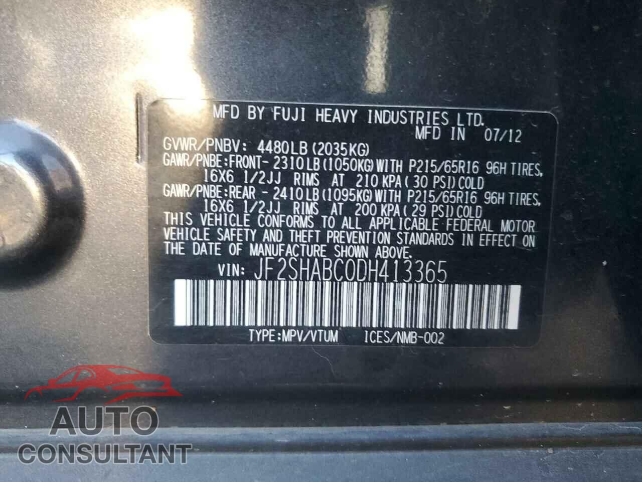 SUBARU FORESTER 2013 - JF2SHABC0DH413365
