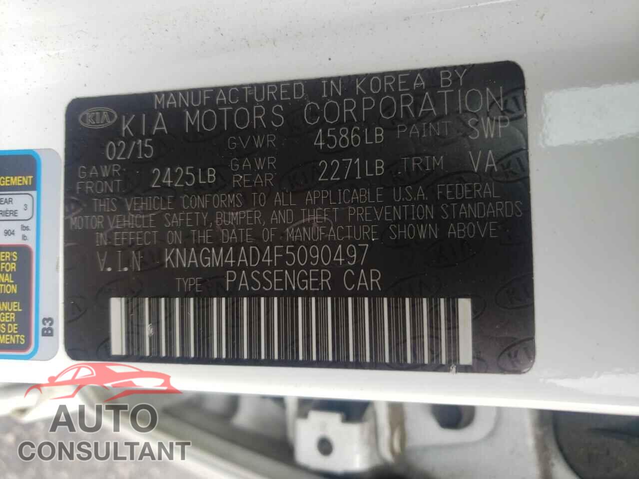 KIA OPTIMA 2015 - KNAGM4AD4F5090497