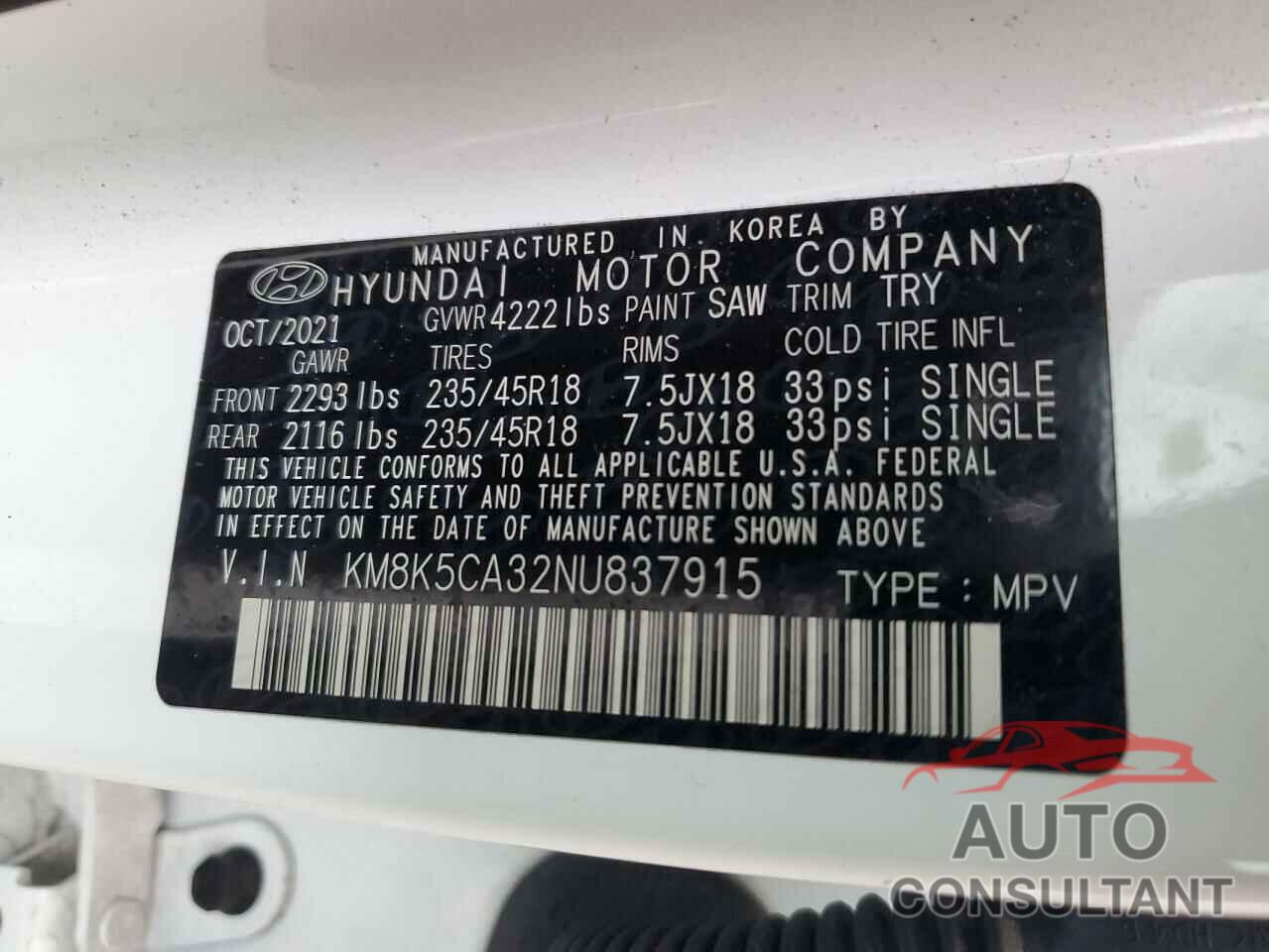 HYUNDAI KONA 2022 - KM8K5CA32NU837915