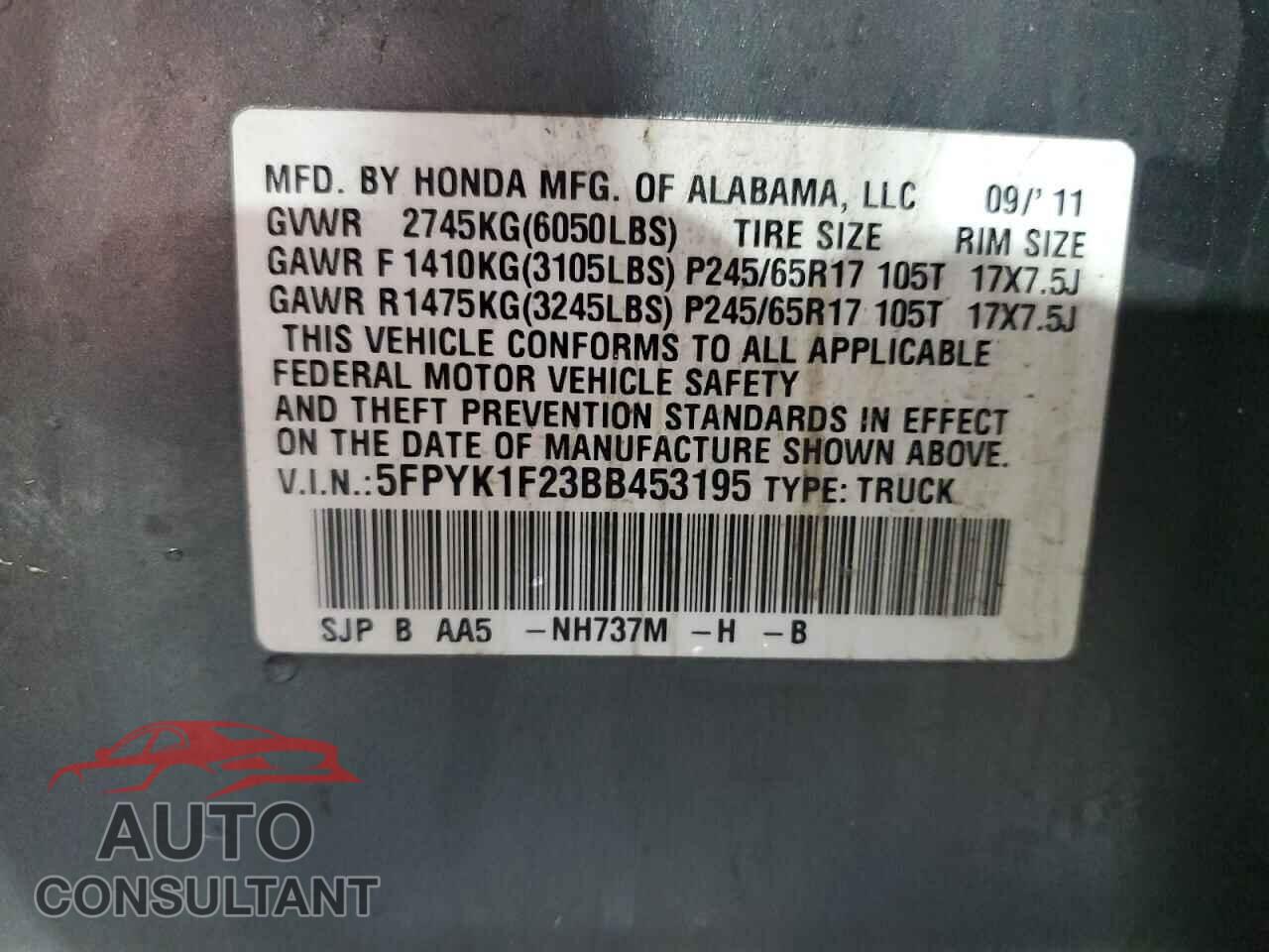HONDA RIDGELINE 2011 - 5FPYK1F23BB453195