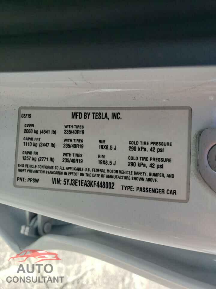 TESLA MODEL 3 2019 - 5YJ3E1EA3KF448002