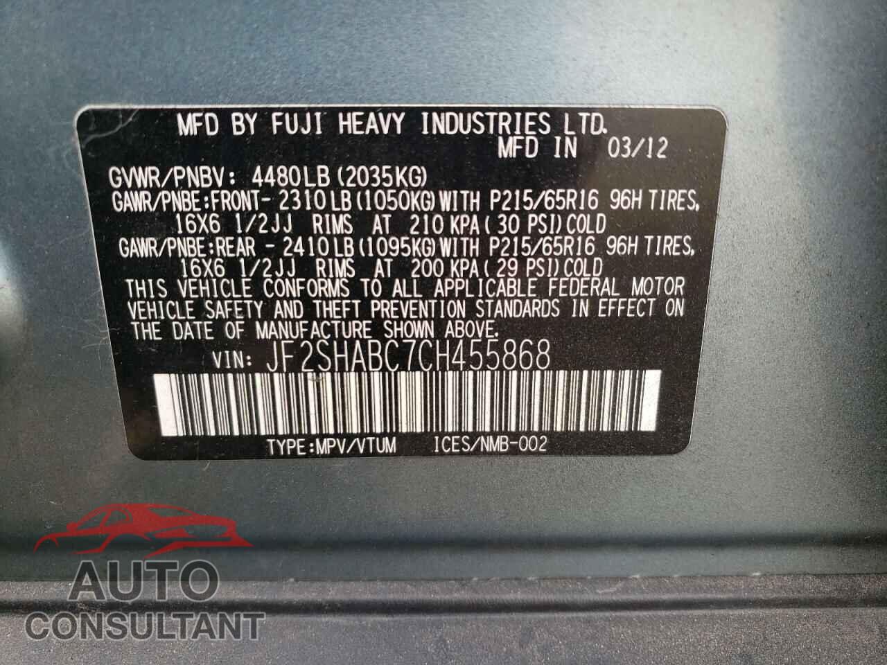 SUBARU FORESTER 2012 - JF2SHABC7CH455868