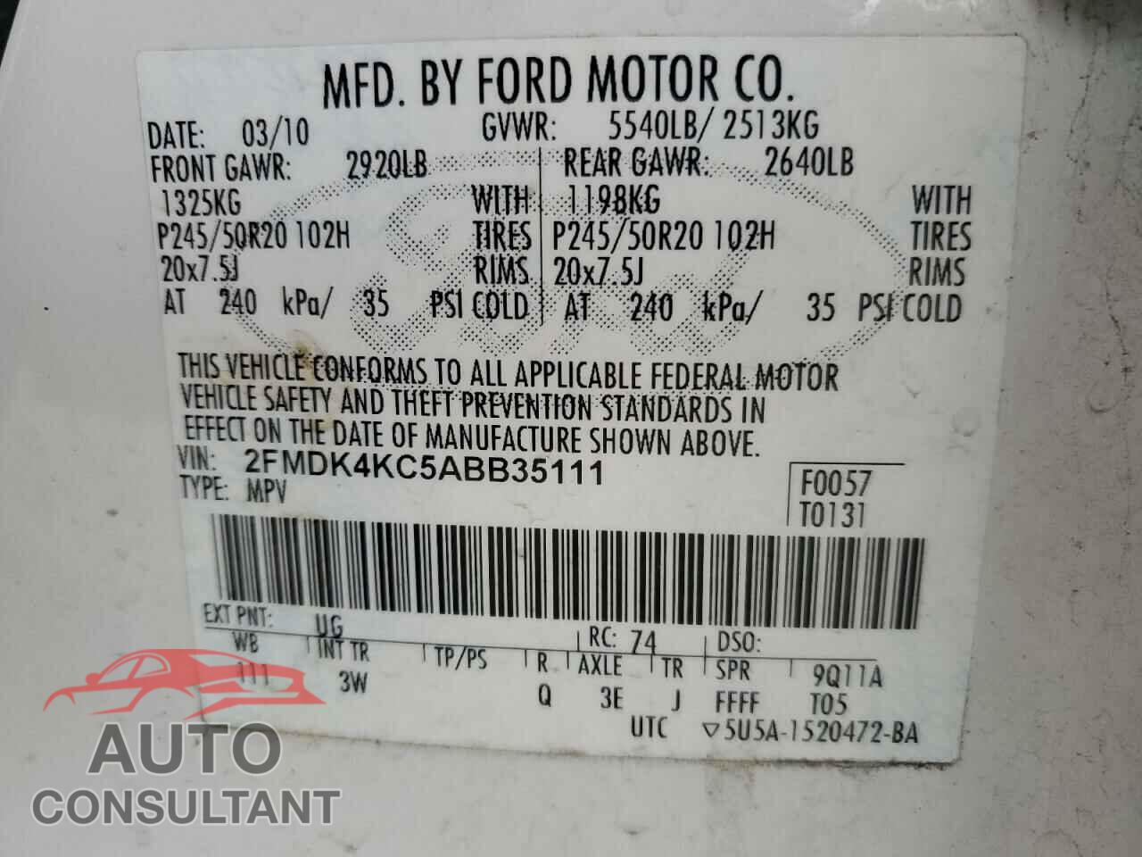 FORD EDGE 2010 - 2FMDK4KC5ABB35111