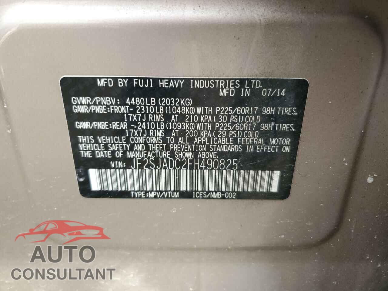 SUBARU FORESTER 2015 - JF2SJADC2FH490825