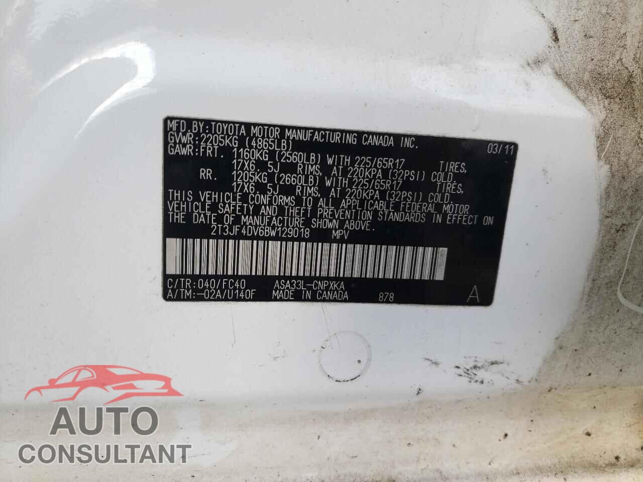 TOYOTA RAV4 2011 - 2T3JF4DV6BW129018