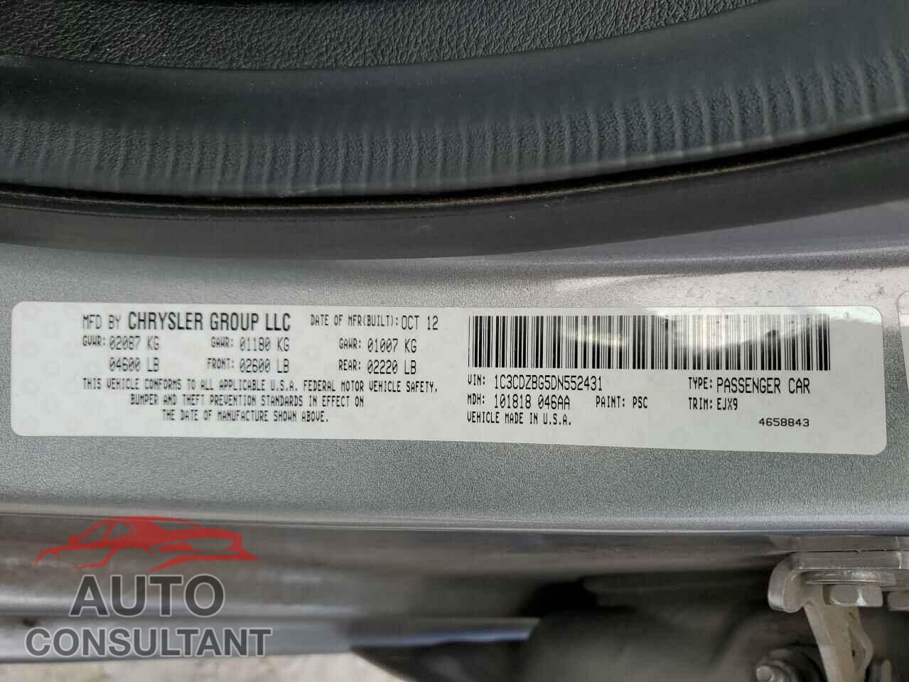 DODGE AVENGER 2013 - 1C3CDZBG5DN552431