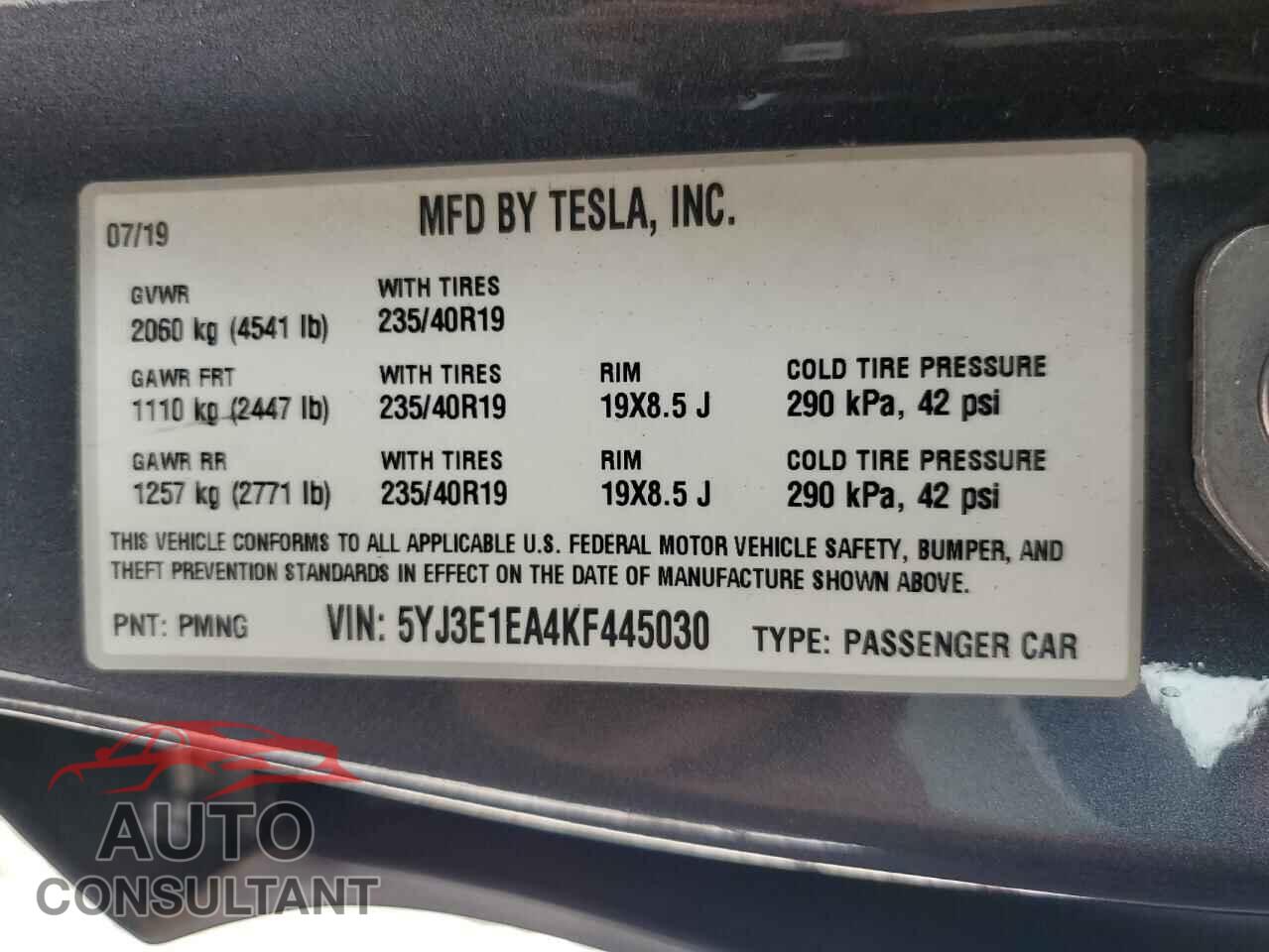 TESLA MODEL 3 2019 - 5YJ3E1EA4KF445030