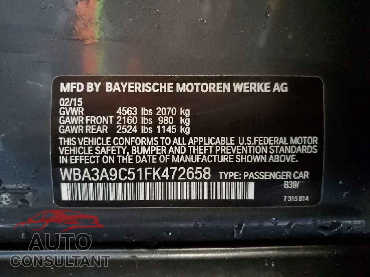 BMW 3 SERIES 2015 - WBA3A9C51FK472658