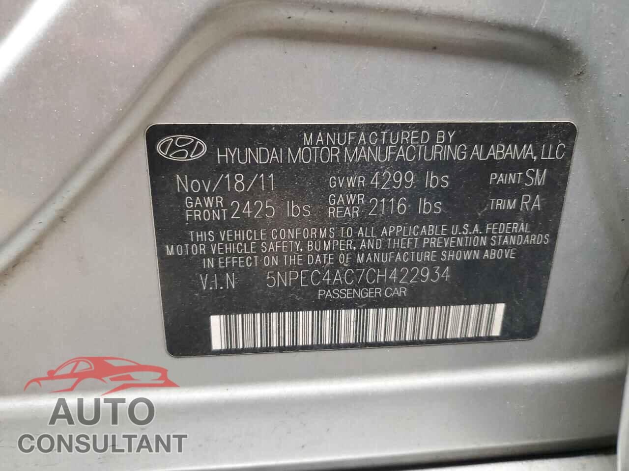 HYUNDAI SONATA 2012 - 5NPEC4AC7CH422934