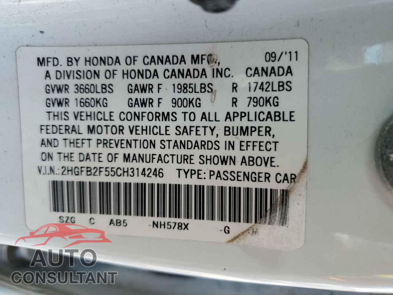 HONDA CIVIC 2012 - 2HGFB2F55CH314246