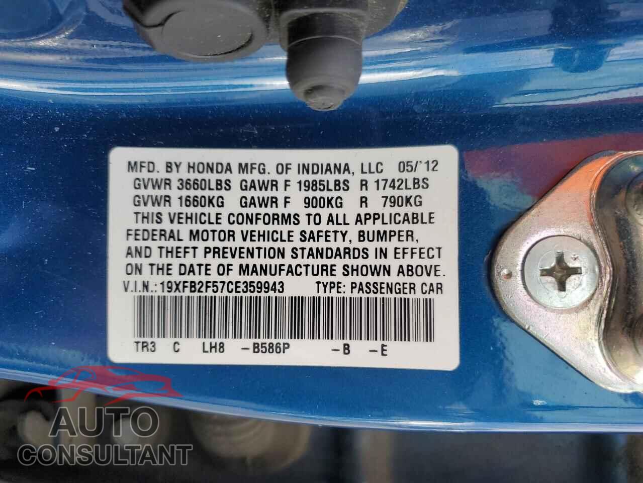 HONDA CIVIC 2012 - 19XFB2F57CE359943