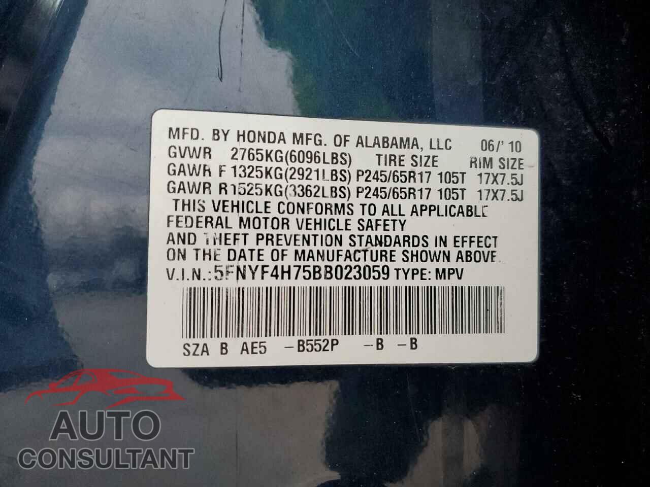 HONDA PILOT 2011 - 5FNYF4H75BB023059
