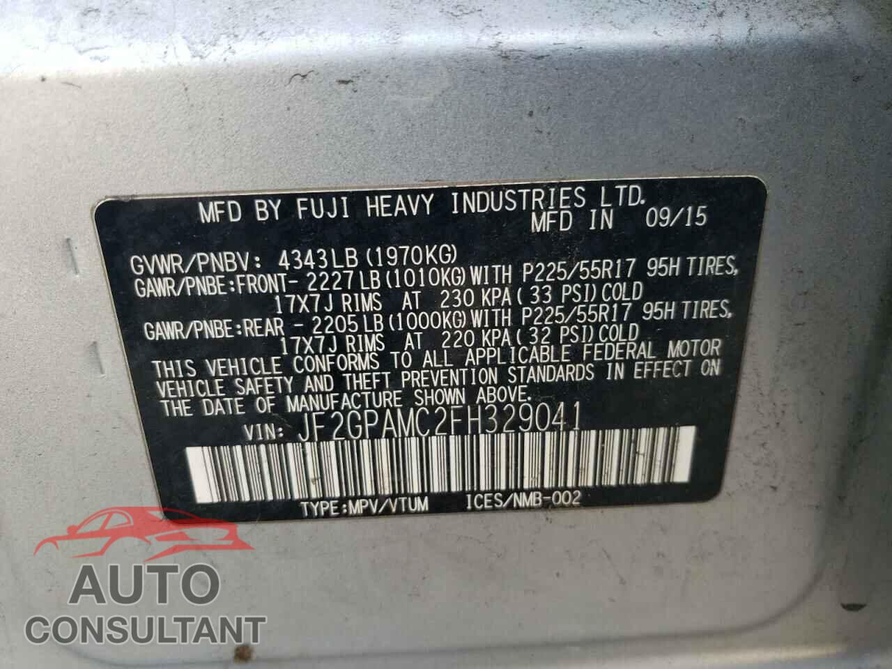 SUBARU XV 2015 - JF2GPAMC2FH329041