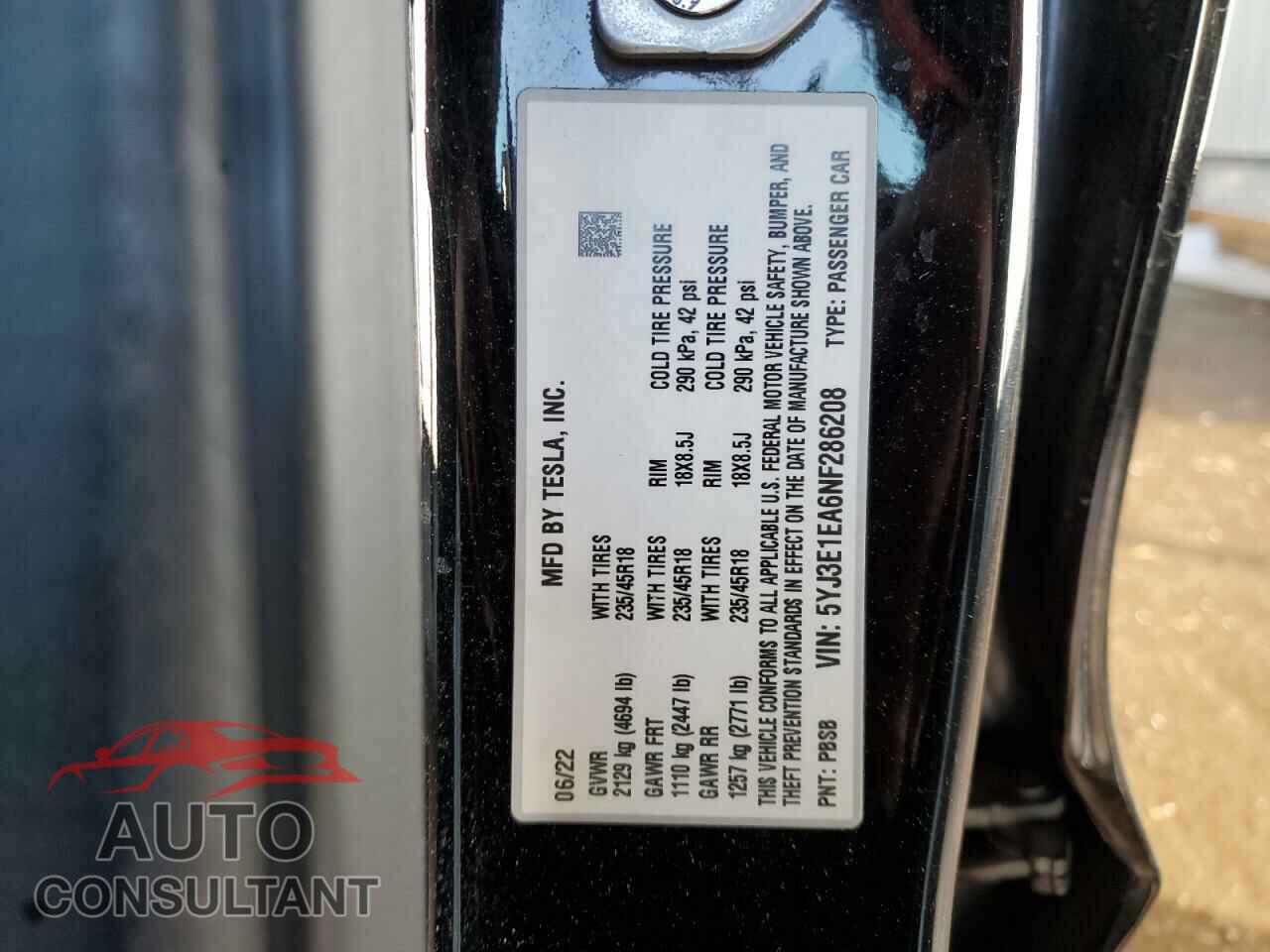 TESLA MODEL 3 2022 - 5YJ3E1EA6NF286208