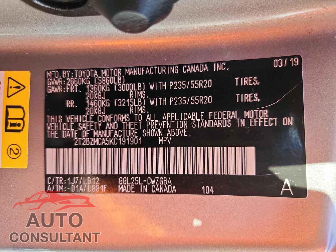 LEXUS RX350 2019 - 2T2BZMCA5KC191901