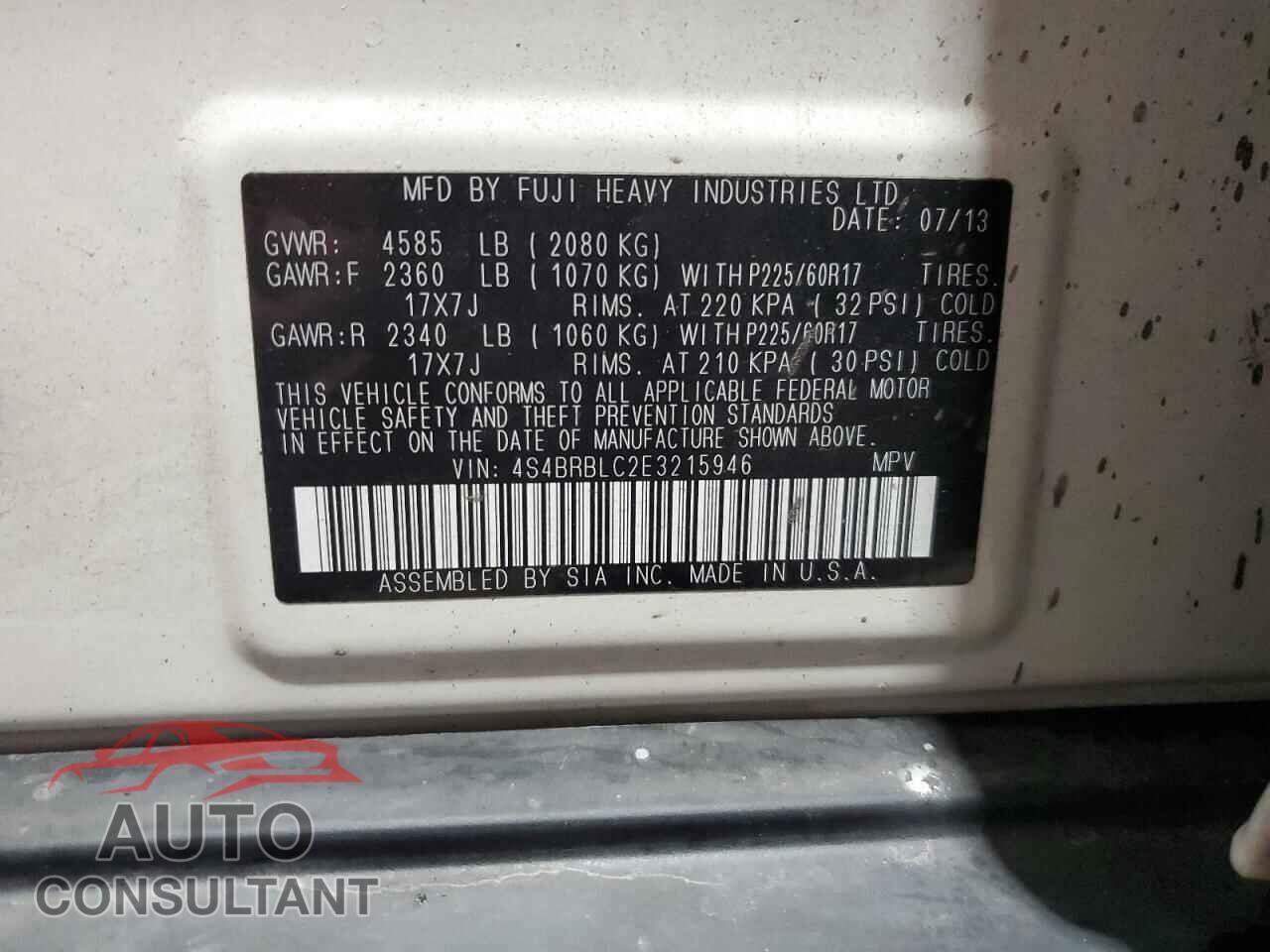 SUBARU OUTBACK 2014 - 4S4BRBLC2E3215946