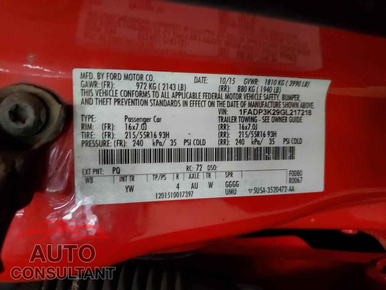 FORD FOCUS 2016 - 1FADP3K29GL217218