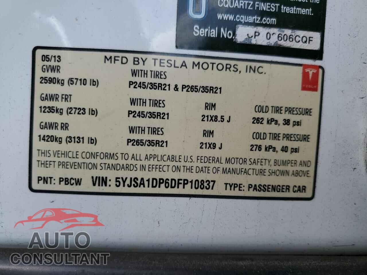 TESLA MODEL S 2013 - 5YJSA1DP6DFP10837