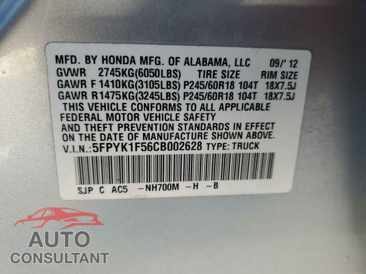 HONDA RIDGELINE 2012 - 5FPYK1F56CB002628
