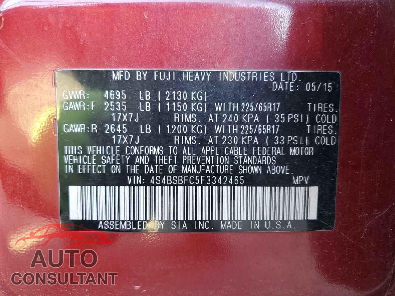 SUBARU OUTBACK 2015 - 4S4BSBFC5F3342465