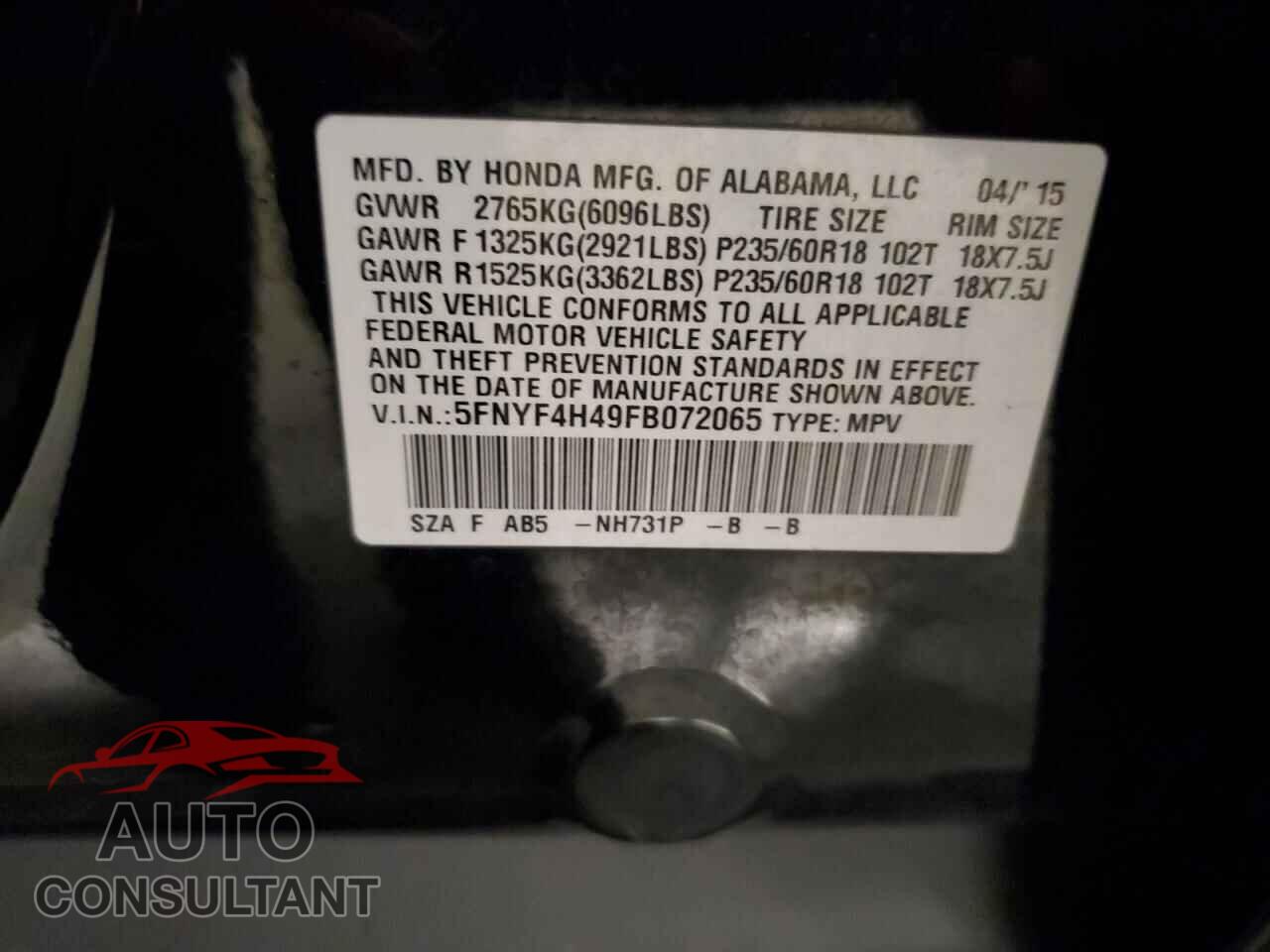 HONDA PILOT 2015 - 5FNYF4H49FB072065