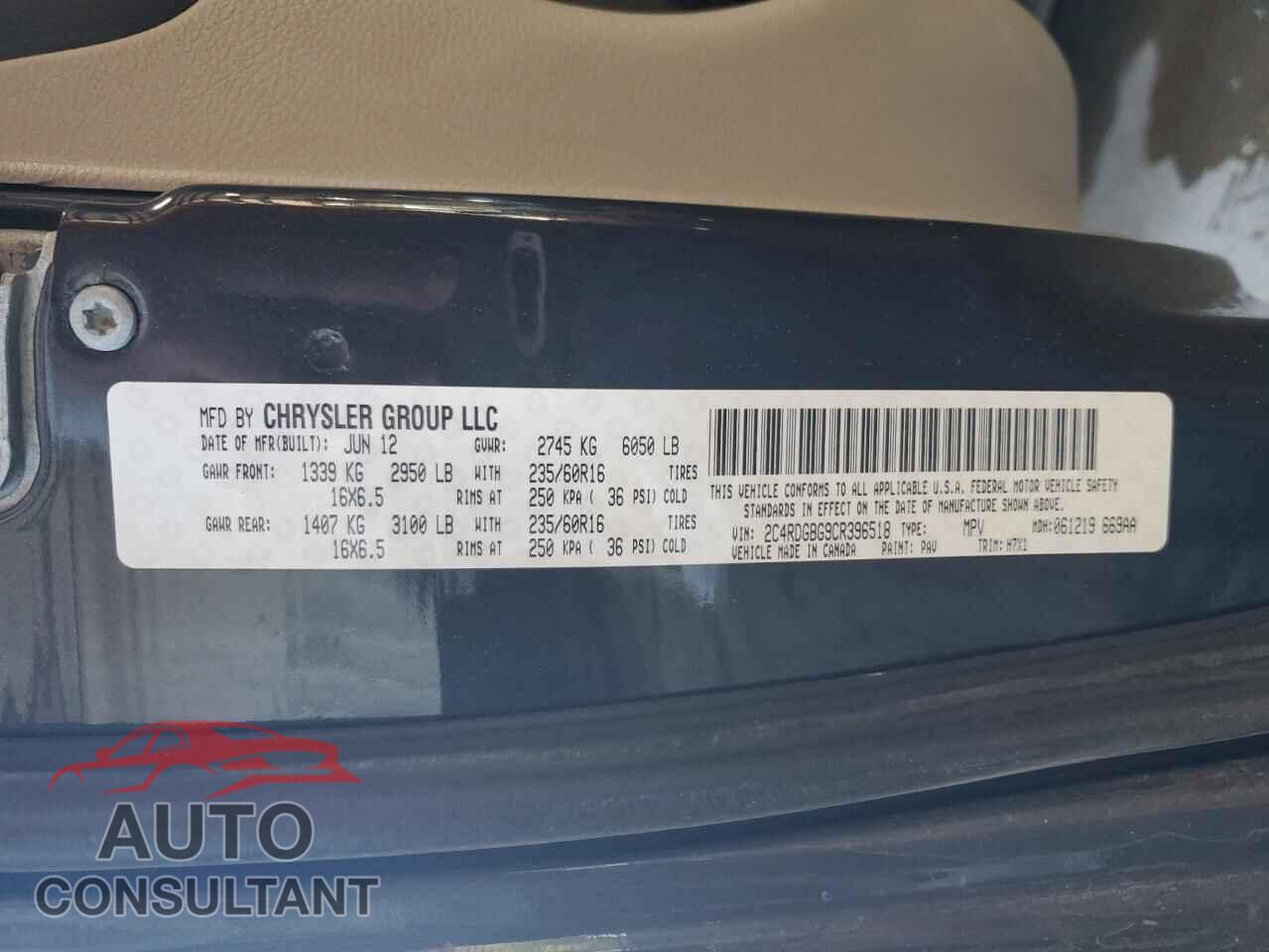 DODGE CARAVAN 2012 - 2C4RDGBG9CR396518