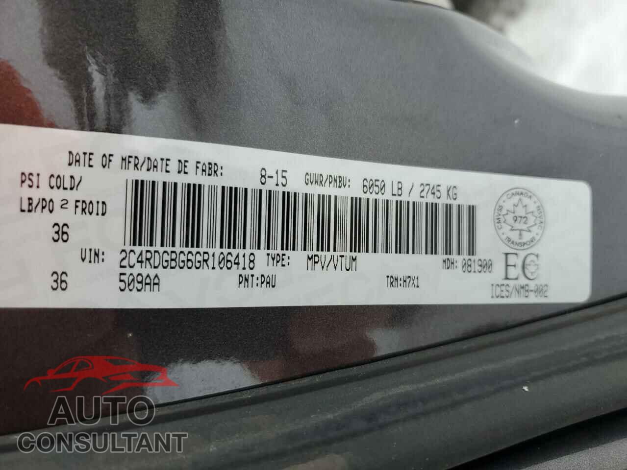 DODGE CARAVAN 2016 - 2C4RDGBG6GR106418