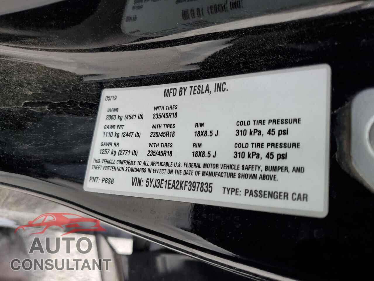TESLA MODEL 3 2019 - 5YJ3E1EA2KF397835